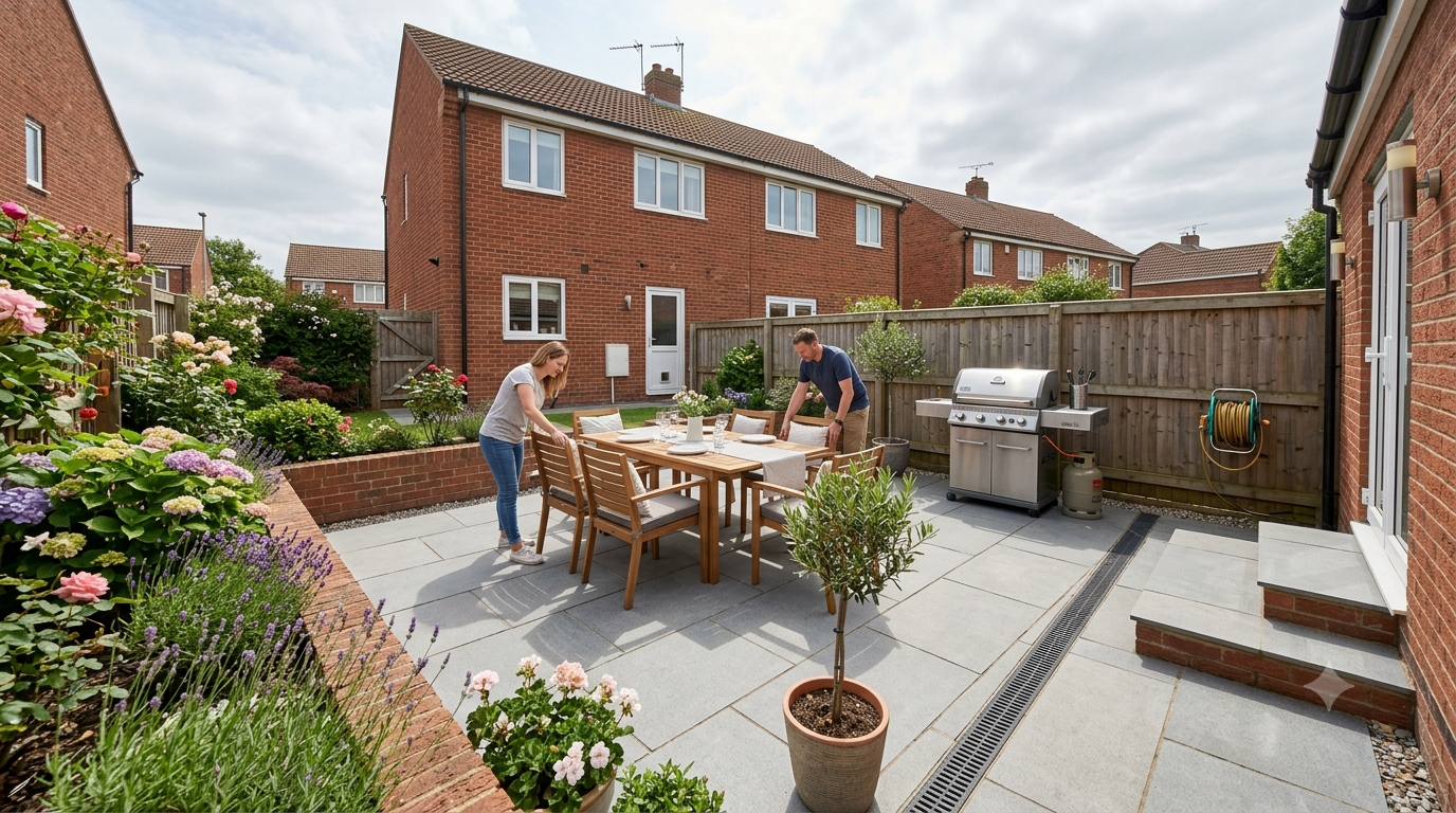 Homeowner checking a paved patio prepared for a summer BBQ and guests