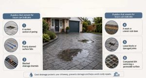 Infographic showing six reasons puddles may remain on a driveway after heavy rain
