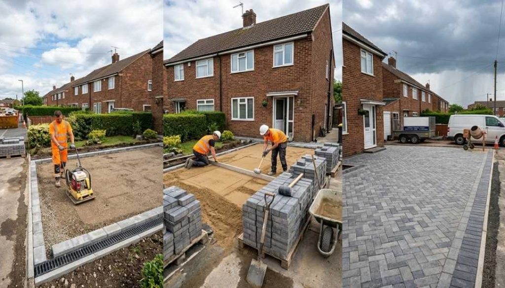 Professional team installing a driveway at a North East home during changeable July weather