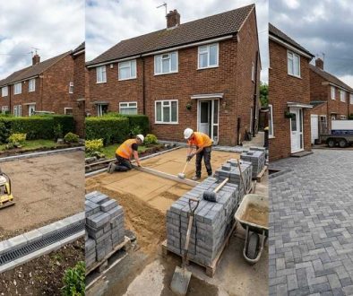 Professional team installing a driveway at a North East home during changeable July weather