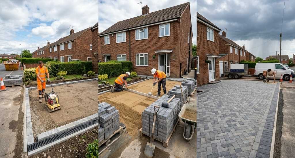 Professional team installing a driveway at a North East home during changeable July weather