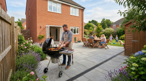 Safe BBQ setup on a level patio with clear walkways and seating placed at a safe distance