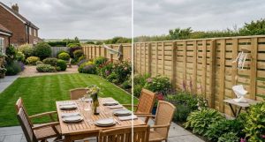 Side-by-side comparison photograph of two garden fence styles in wind