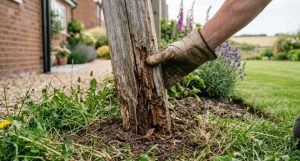 Weathered timber fence post at ground level showing rot and a slight lean