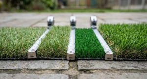 Artificial grass samples compared side by side for pile height and colour blend