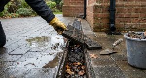 Blocked channel drain being cleared of leaves and silt on a wet driveway