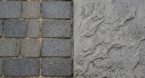 Close-up comparing jointed block paving beside a patterned imprinted concrete surface
