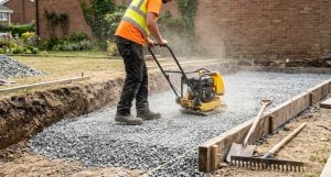Contractor compacting a stone sub-base in layers before laying a new driveway