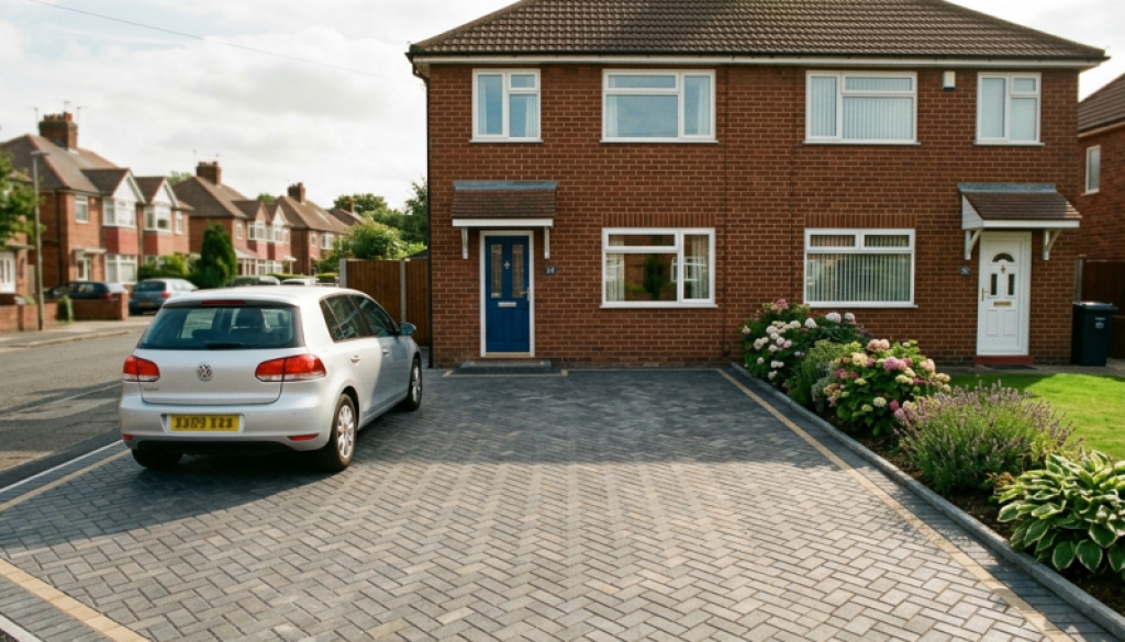 Freshly laid block paving driveway at a Newcastle home in late summer sunshine