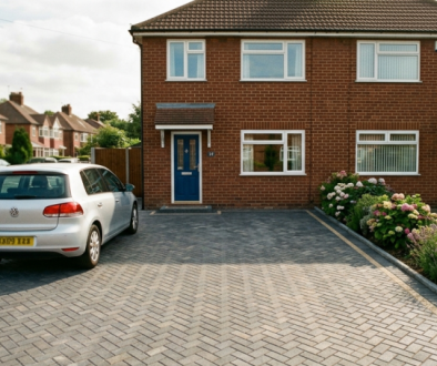 Freshly laid block paving driveway at a Newcastle home in late summer sunshine