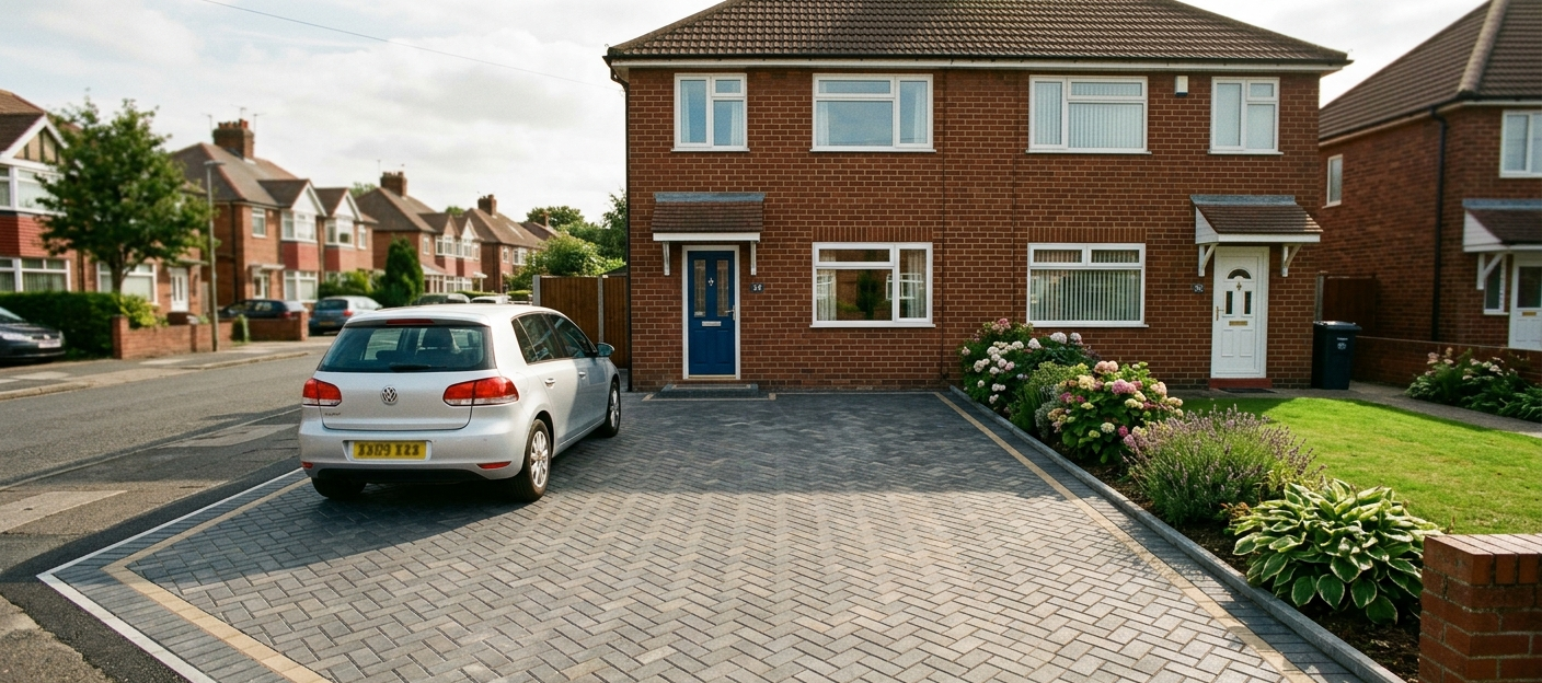 Freshly laid block paving driveway at a Newcastle home in late summer sunshine