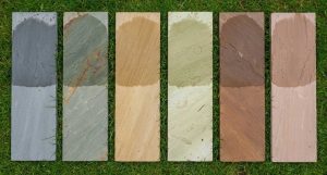 Indian sandstone colour samples including Kandla Grey, Raj Green and buff tones
