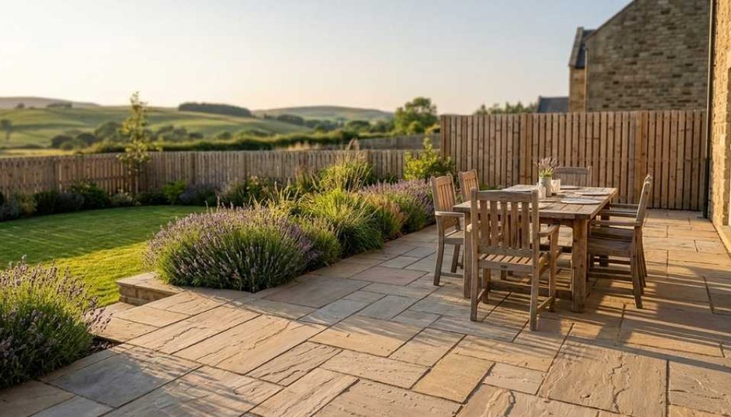 Indian sandstone patio with dining table in a Northumberland garden in summer