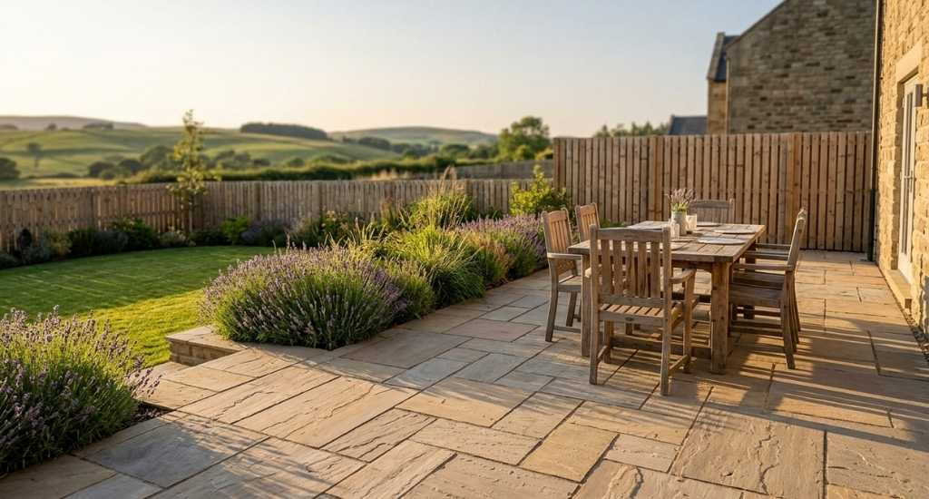 Indian sandstone patio with dining table in a Northumberland garden in summer