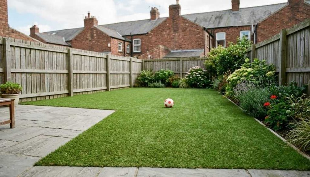 Neatly installed artificial grass lawn in an enclosed Newcastle back garden