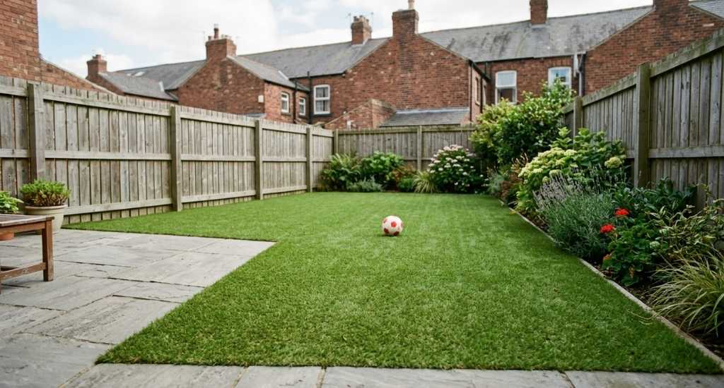 Neatly installed artificial grass lawn in an enclosed Newcastle back garden