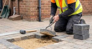 Paving contractor lifting individual blocks to repair a section of driveway