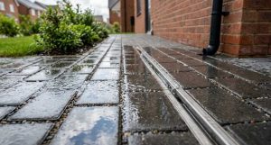 Rainwater draining through a permeable paved driveway into a channel drain