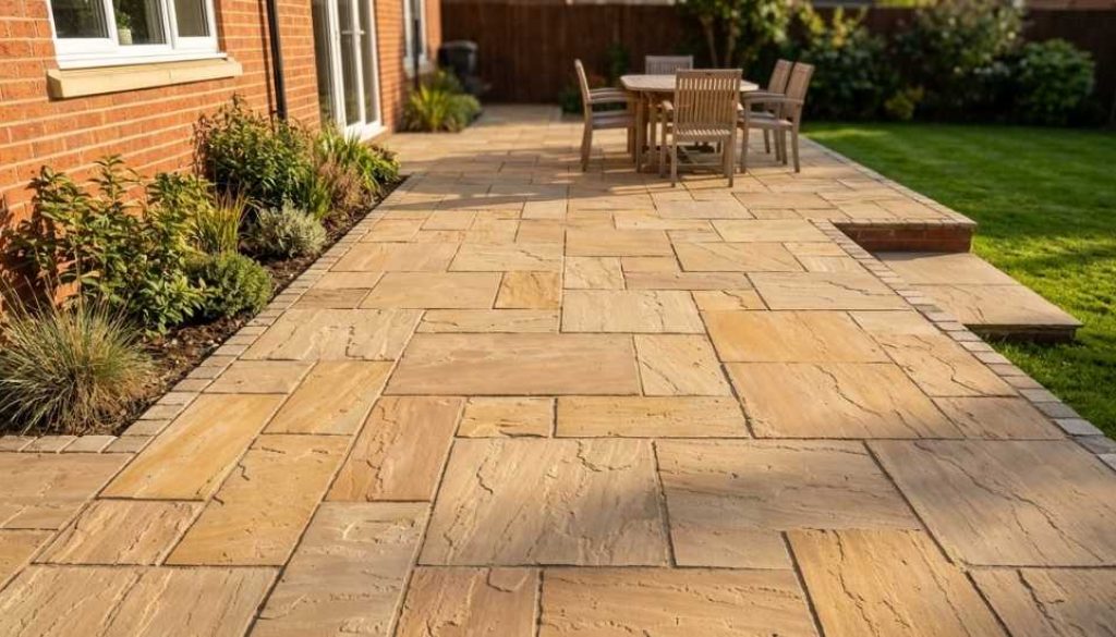 Riven Indian sandstone patio laid beside a red-brick North East home