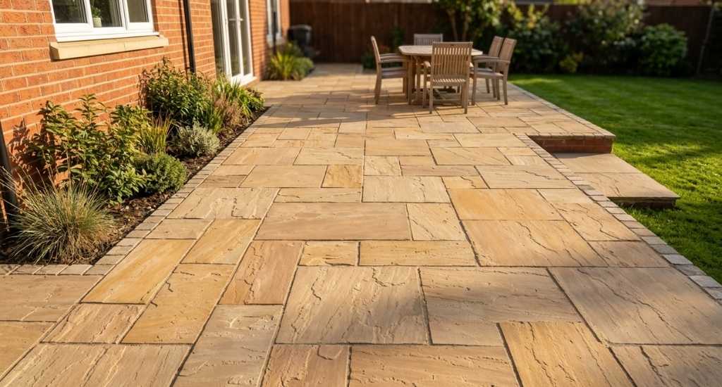 Riven Indian sandstone patio laid beside a red-brick North East home