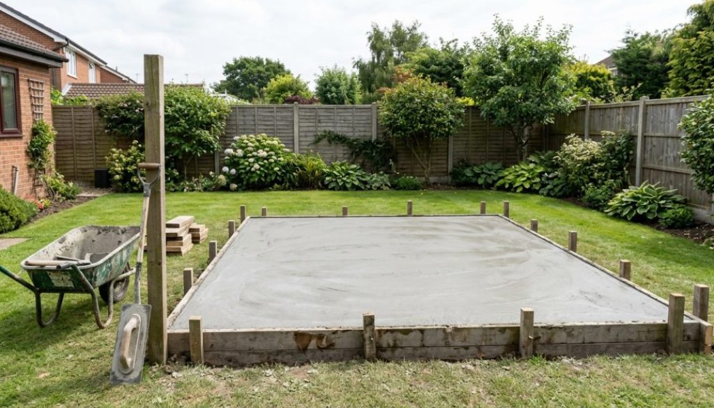 Newly poured concrete base with timber shuttering in a UK back garden