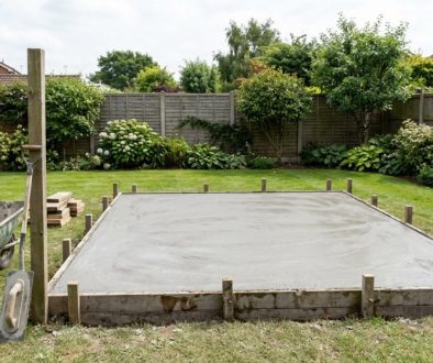 Newly poured concrete base with timber shuttering in a UK back garden