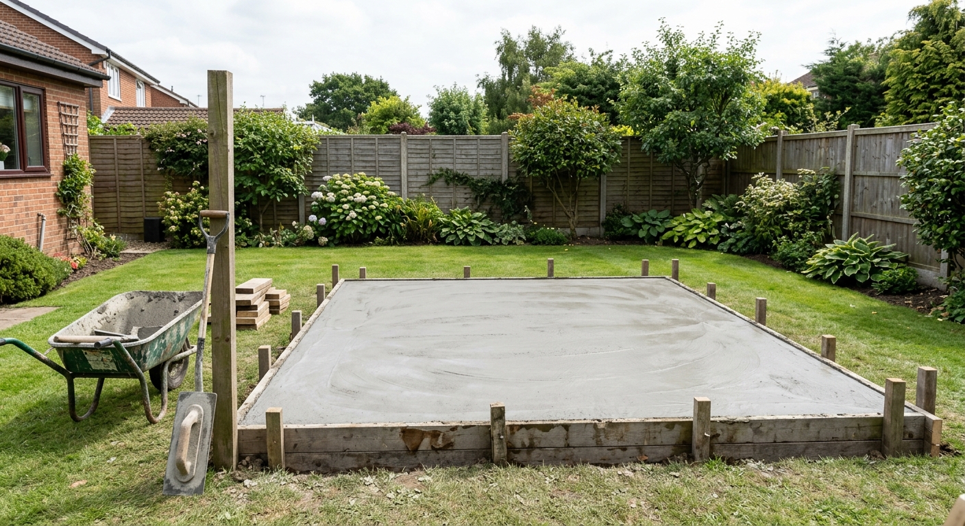 Newly poured concrete base with timber shuttering in a UK back garden