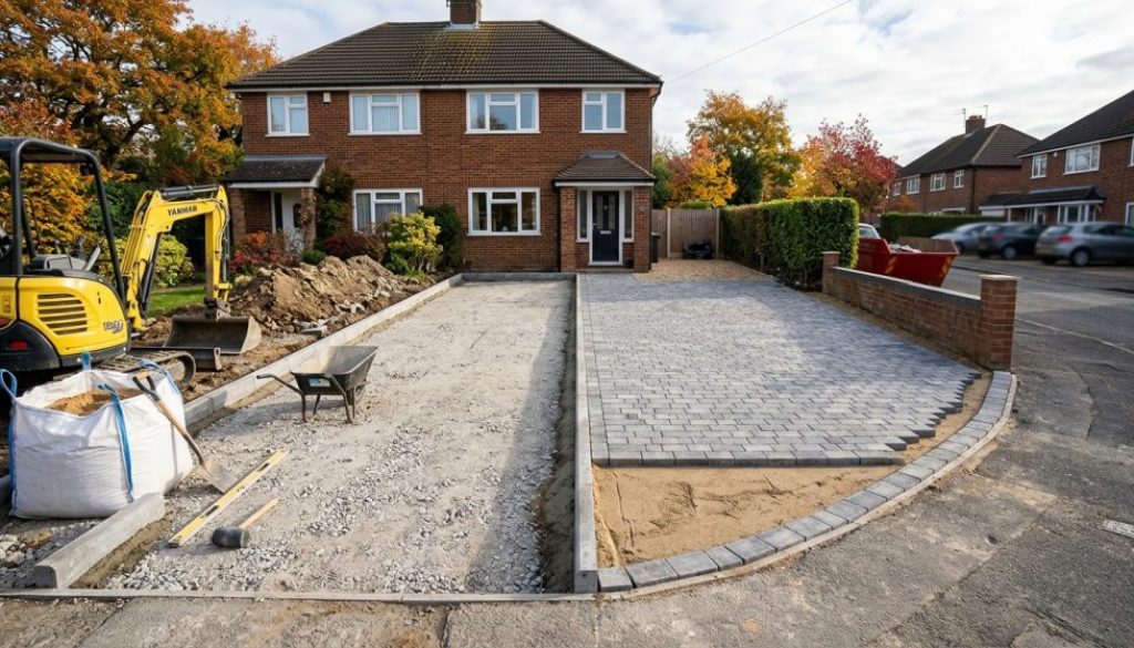 Driveway installation in progress with excavated sub-base beside finished block paving