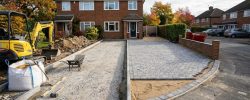 Driveway installation in progress with excavated sub-base beside finished block paving