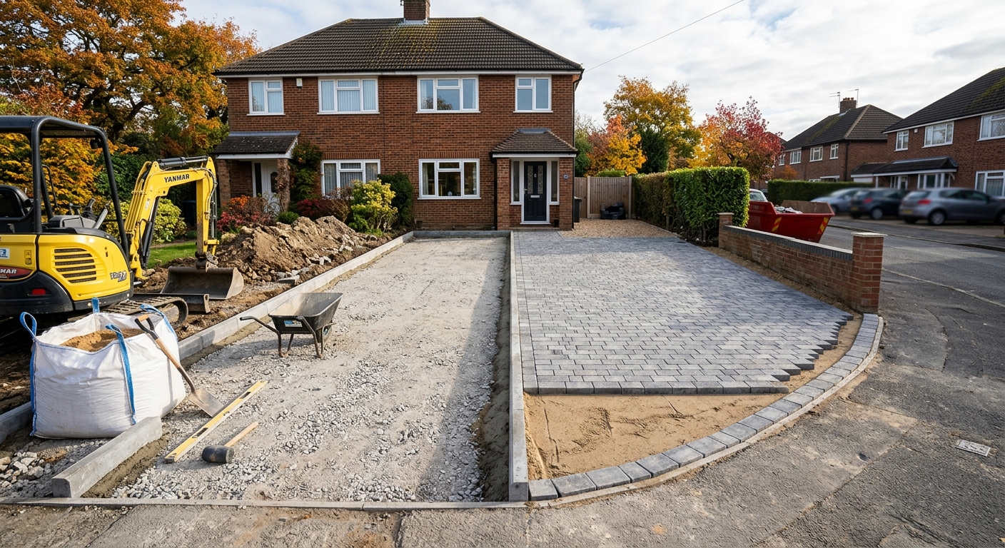 Driveway installation in progress with excavated sub-base beside finished block paving