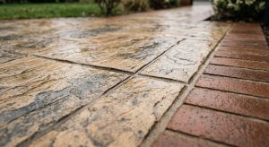 Close-up of sealed imprinted concrete showing riven texture, a cut joint and brick edging