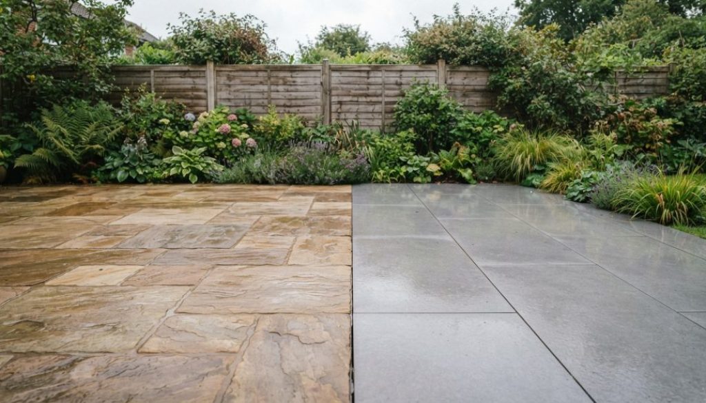 Indian sandstone paving laid beside grey porcelain paving for comparison