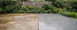 Indian sandstone paving laid beside grey porcelain paving for comparison