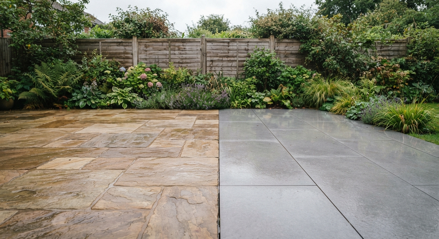 Indian sandstone paving laid beside grey porcelain paving for comparison