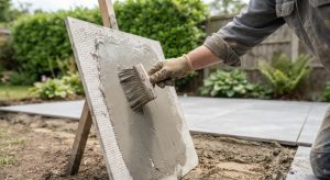 Slurry primer being applied to the back of a porcelain paving slab before laying