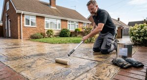 Contractor resealing an imprinted concrete driveway at a UK home