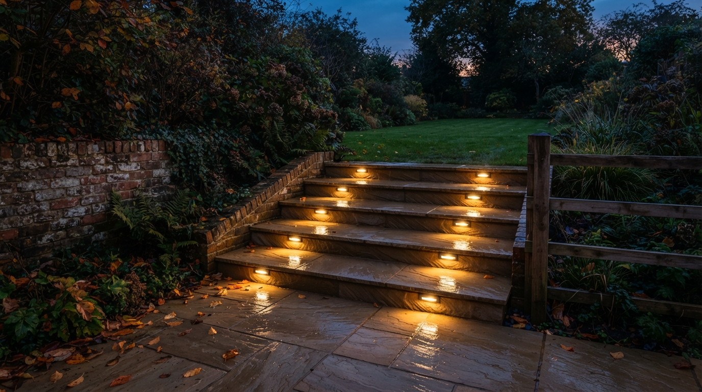 Lit sandstone garden steps at dusk in a Newcastle garden