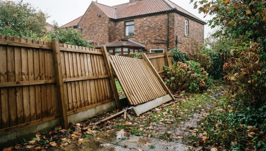 Leaning timber fence panel in a Northumberland garden after an autumn storm