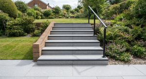 New porcelain garden steps with contrasting edges, lighting and a handrail