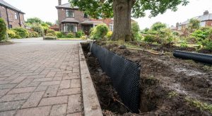 Root barrier installed along a driveway edge near a tree