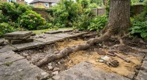 Tree root exposed beneath lifted patio slabs