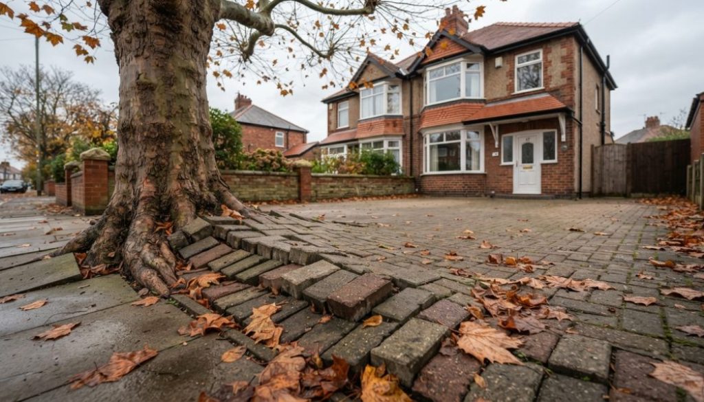 Tree roots lifting block paving on a North East driveway