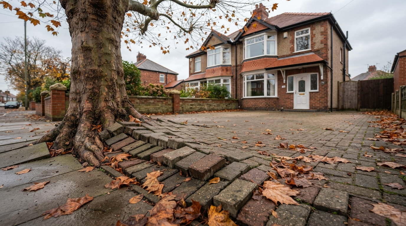 Tree roots lifting block paving on a North East driveway