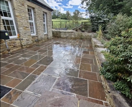 Natural sandstone patio with steps and surrounding planting